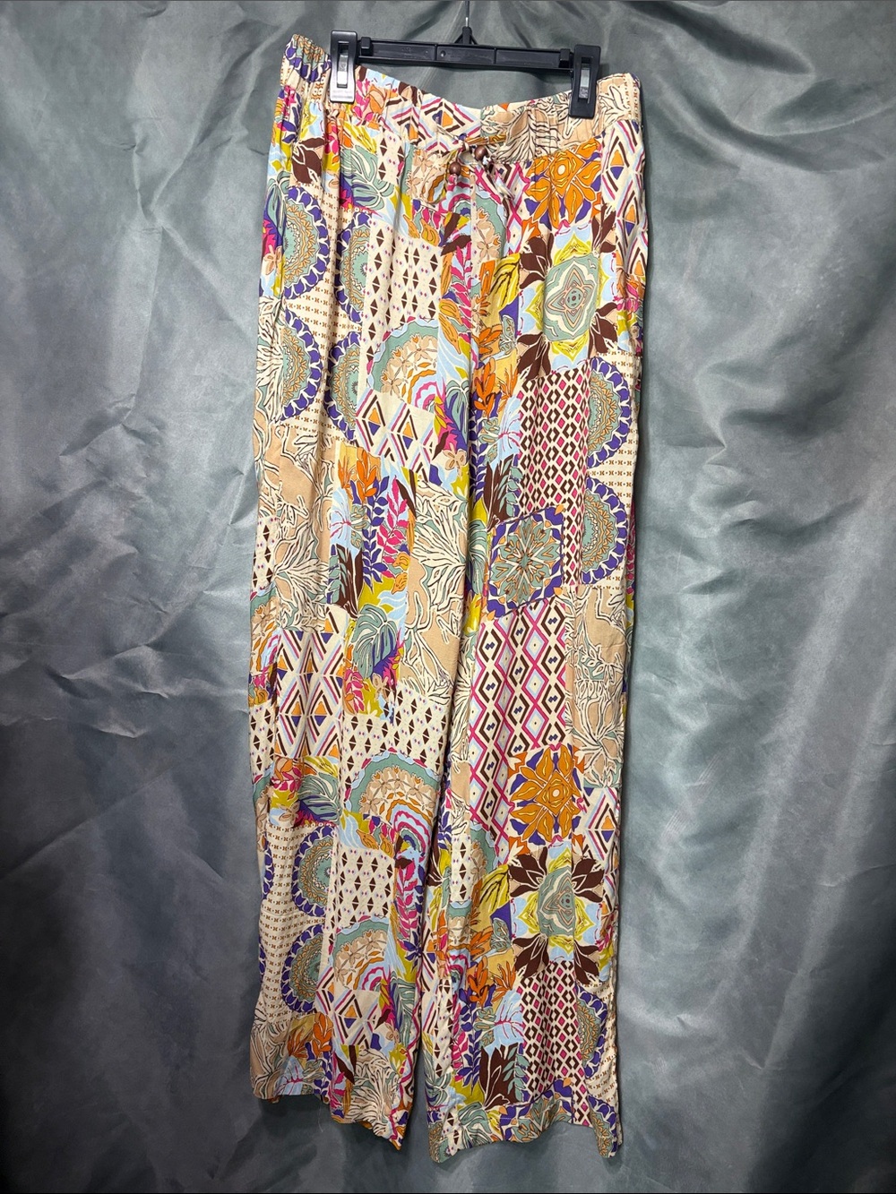 Bohemian Wide-Leg Patchwork Print Pants - Beige Multicolor